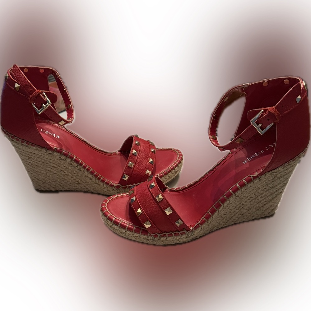 Marc Fisher red open toe wedge, studded, strap 4”heel sandal. Size 10M